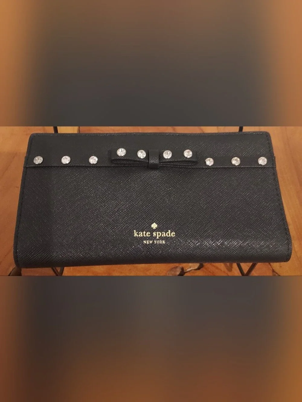 Kate Spade New York Black Leather Jeweled Bow Wallet